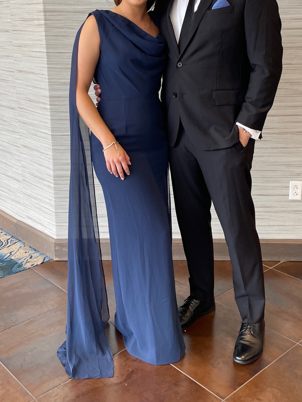 Navy One-Shoulder Evening Gown with Sheer Cape and Side Slit